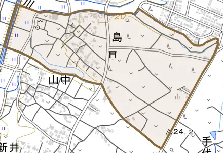 島とその周辺の地図。町の範囲を重ねている