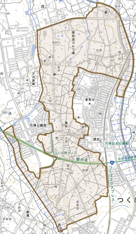 島名とその周辺の地図。町の範囲を重ねている