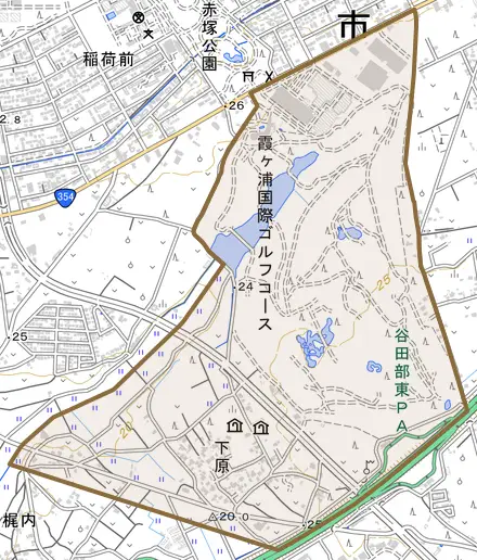 下原とその周辺の地図。町の範囲を重ねている