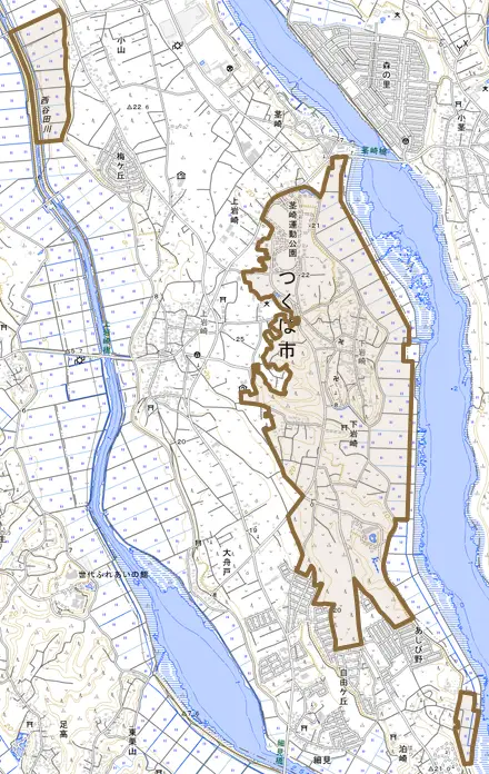 下岩崎とその周辺の地図。町の範囲を重ねている