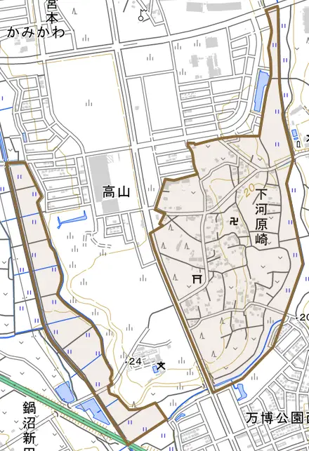 下河原崎とその周辺の地図。町の範囲を重ねている