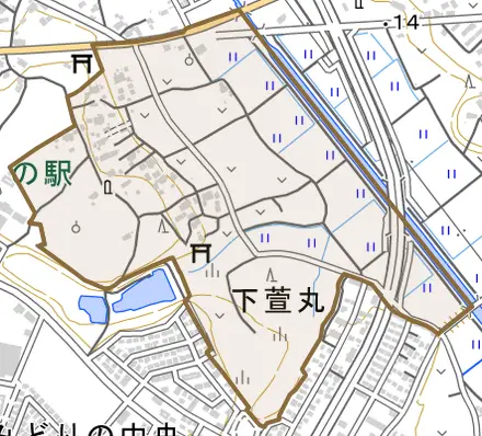 下萱丸とその周辺の地図。町の範囲を重ねている
