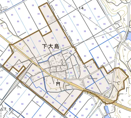 下大島とその周辺の地図。町の範囲を重ねている
