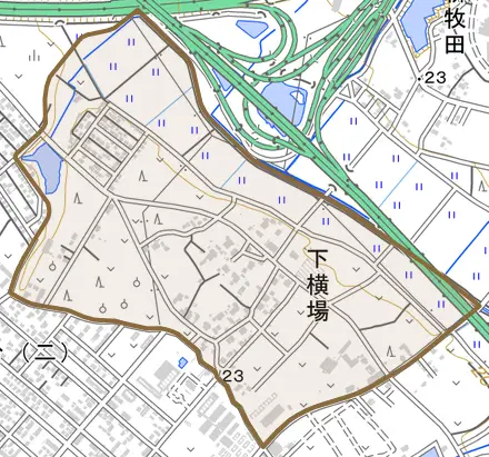 下横場とその周辺の地図。町の範囲を重ねている