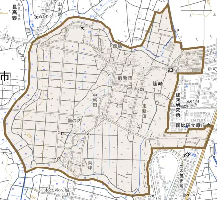 篠崎とその周辺の地図。町の範囲を重ねている