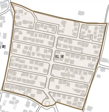 松栄とその周辺の地図。町の範囲を重ねている