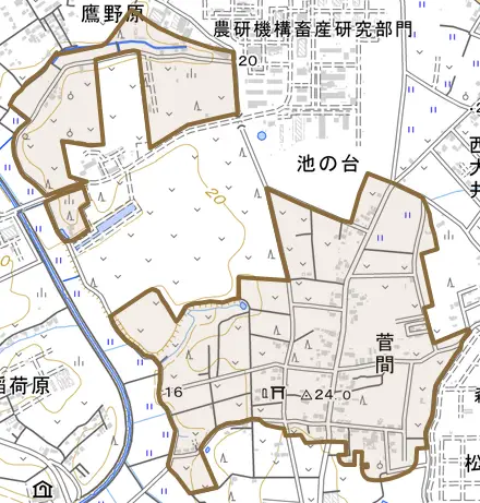 菅間とその周辺の地図。町の範囲を重ねている
