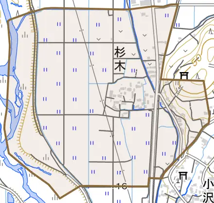 杉木とその周辺の地図。町の範囲を重ねている