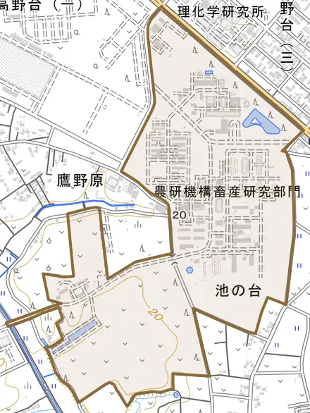 池の台とその周辺の地図。町の範囲を重ねている