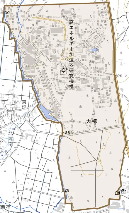 大穂とその周辺の地図。町の範囲を重ねている