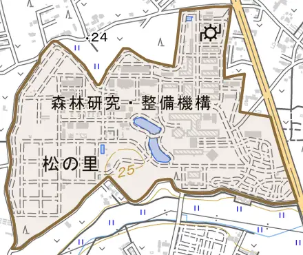松の里とその周辺の地図。町の範囲を重ねている