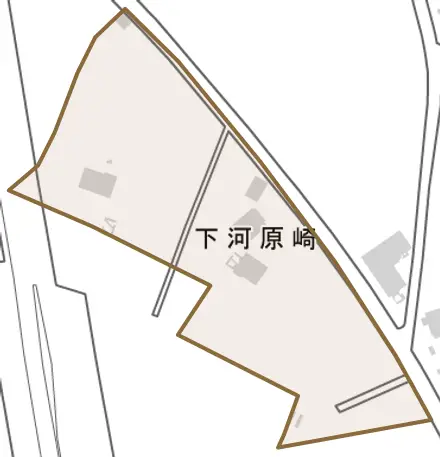 上河原崎下河原崎入会地とその周辺の地図。町の範囲を重ねている