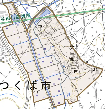 平とその周辺の地図。町の範囲を重ねている