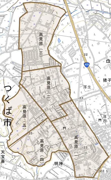 高見原とその周辺の地図。町の範囲を重ねている