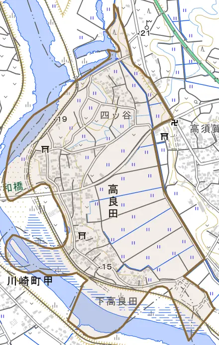 高良田とその周辺の地図。町の範囲を重ねている
