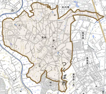 高崎とその周辺の地図。町の範囲を重ねている