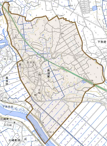 高須賀とその周辺の地図。町の範囲を重ねている