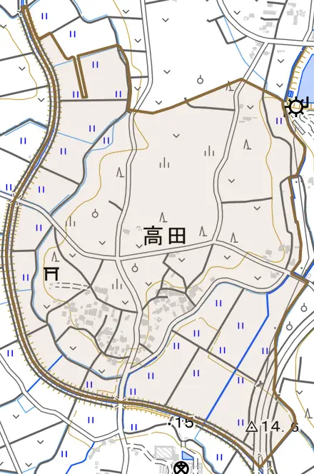 高田とその周辺の地図。町の範囲を重ねている