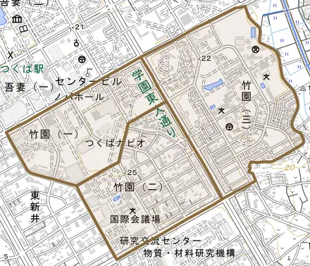 竹園とその周辺の地図。町の範囲を重ねている