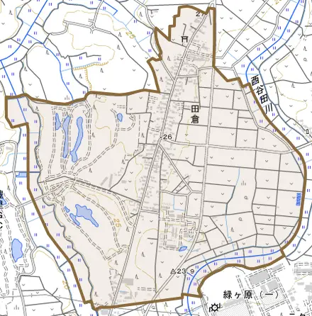 田倉とその周辺の地図。町の範囲を重ねている