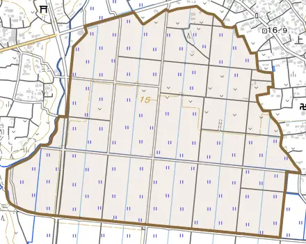 田水山とその周辺の地図。町の範囲を重ねている