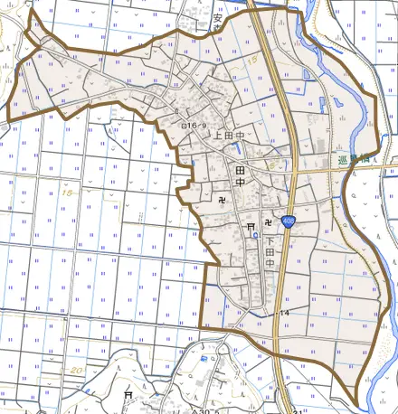 田中とその周辺の地図。町の範囲を重ねている