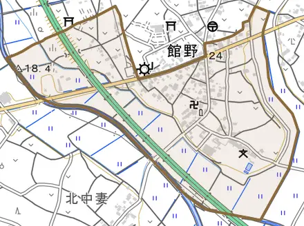 館野とその周辺の地図。町の範囲を重ねている