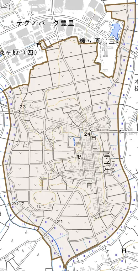 手子生とその周辺の地図。町の範囲を重ねている