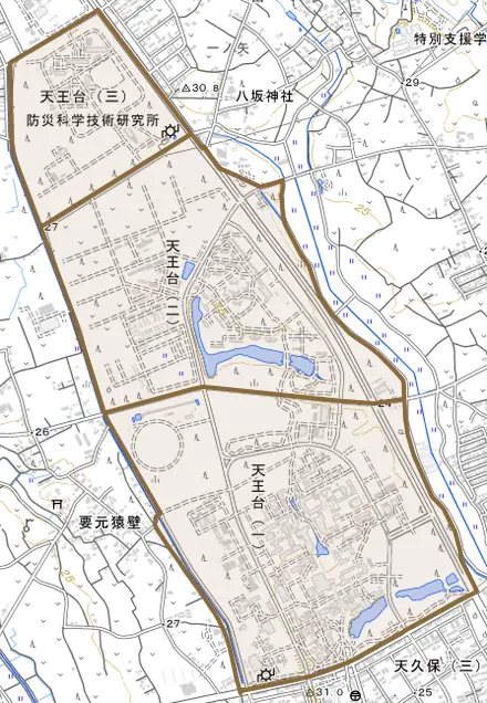 天王台とその周辺の地図。町の範囲を重ねている