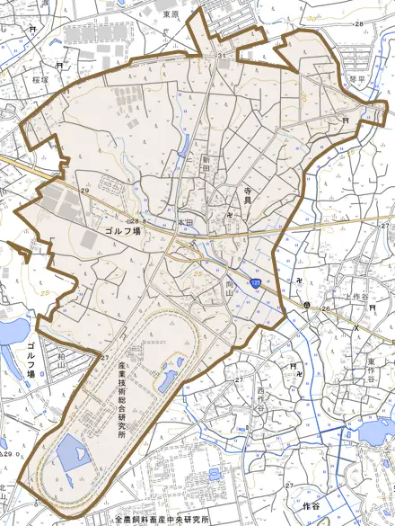 寺具とその周辺の地図。町の範囲を重ねている