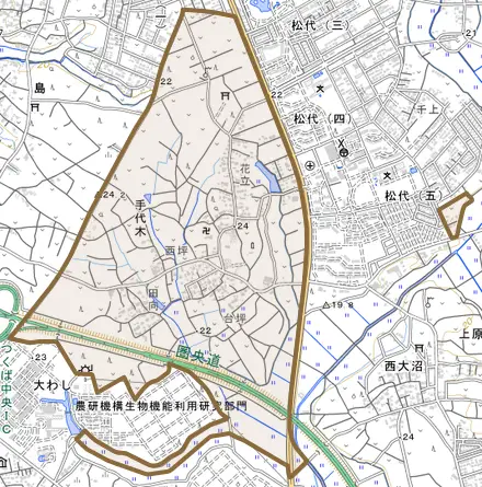 手代木とその周辺の地図。町の範囲を重ねている