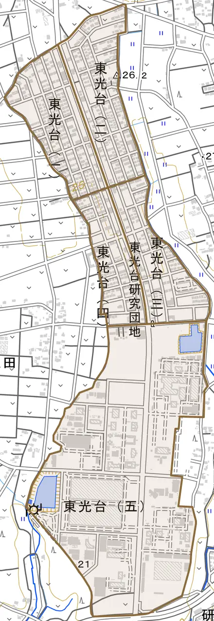 東光台とその周辺の地図。町の範囲を重ねている