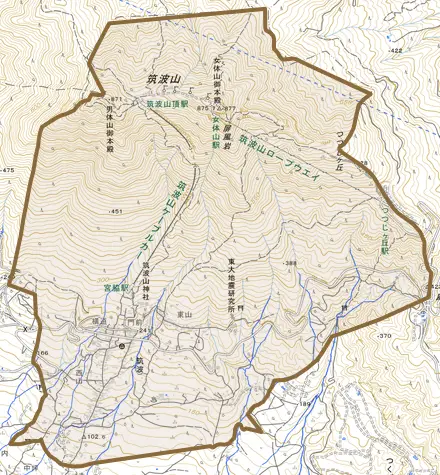 筑波とその周辺の地図。町の範囲を重ねている