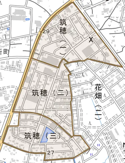 筑穂とその周辺の地図。町の範囲を重ねている