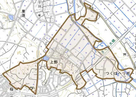 上野とその周辺の地図。町の範囲を重ねている