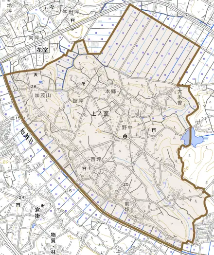 上ノ室とその周辺の地図。町の範囲を重ねている