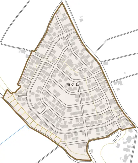 梅ケ丘とその周辺の地図。町の範囲を重ねている