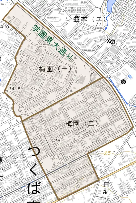 梅園とその周辺の地図。町の範囲を重ねている