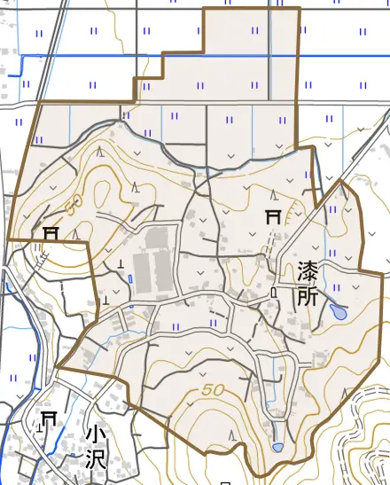 漆所とその周辺の地図。町の範囲を重ねている