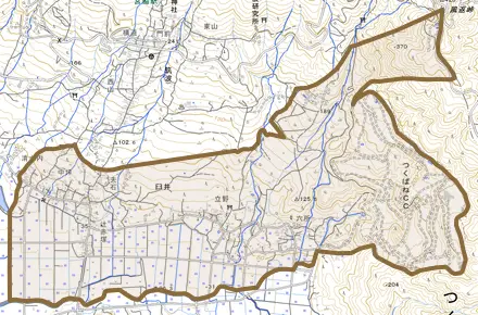 臼井とその周辺の地図。町の範囲を重ねている