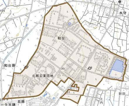 和台とその周辺の地図。町の範囲を重ねている