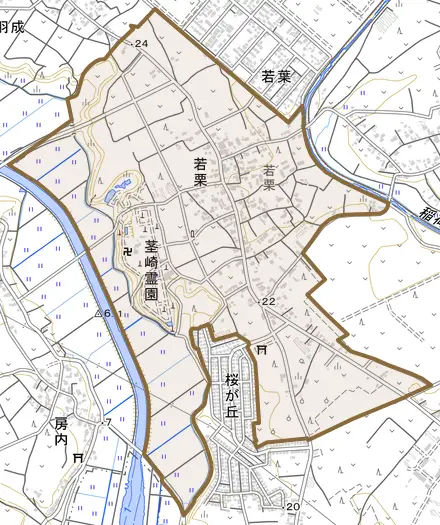 若栗とその周辺の地図。町の範囲を重ねている