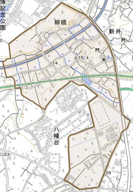 柳橋とその周辺の地図。町の範囲を重ねている