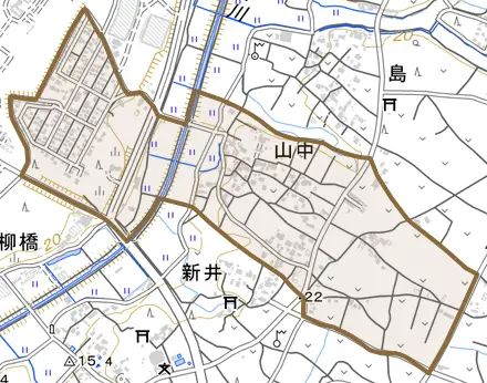 山中とその周辺の地図。町の範囲を重ねている