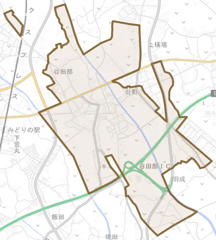 谷田部とその周辺の地図。町の範囲を重ねている