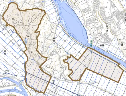 足高とその周辺の地図。町の範囲を重ねている