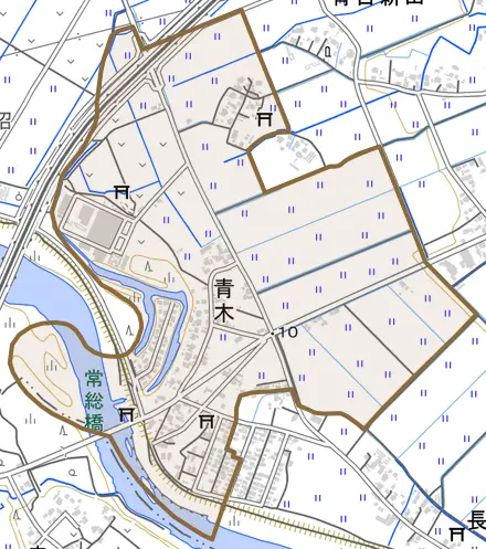 青木とその周辺の地図。町の範囲を重ねている