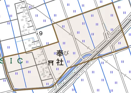 奉社とその周辺の地図。町の範囲を重ねている