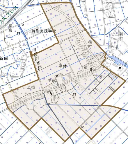 豊体とその周辺の地図。町の範囲を重ねている