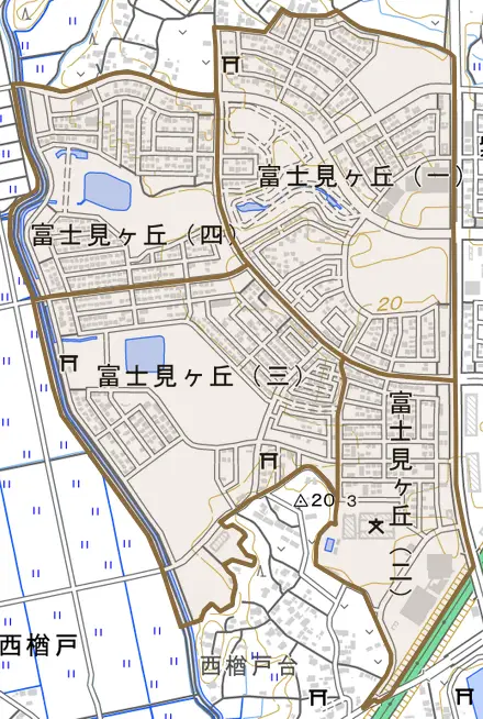 富士見ヶ丘とその周辺の地図。町の範囲を重ねている
